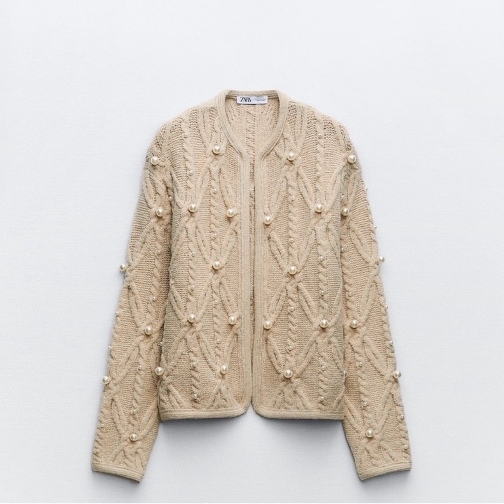 Zara Pearl Cable Knit Sweater Cardigan